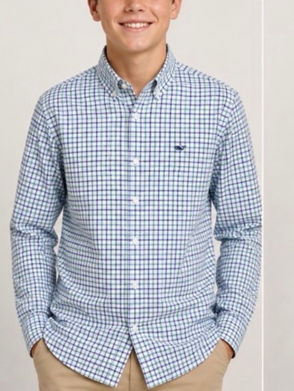 Vineyard Vines Blue and Green Plaid Button-Down Shirt. Youth 16